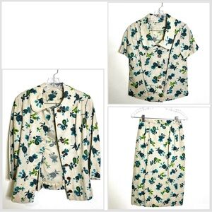 1960s mid-century Floral Three-Piece Set midi skirt top jacket suit sz XS